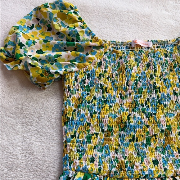 Kirundo Blue and Yellow Floral Print Smocked Puff Sleeve Off Shoulder Dress - Picture 11 of 14